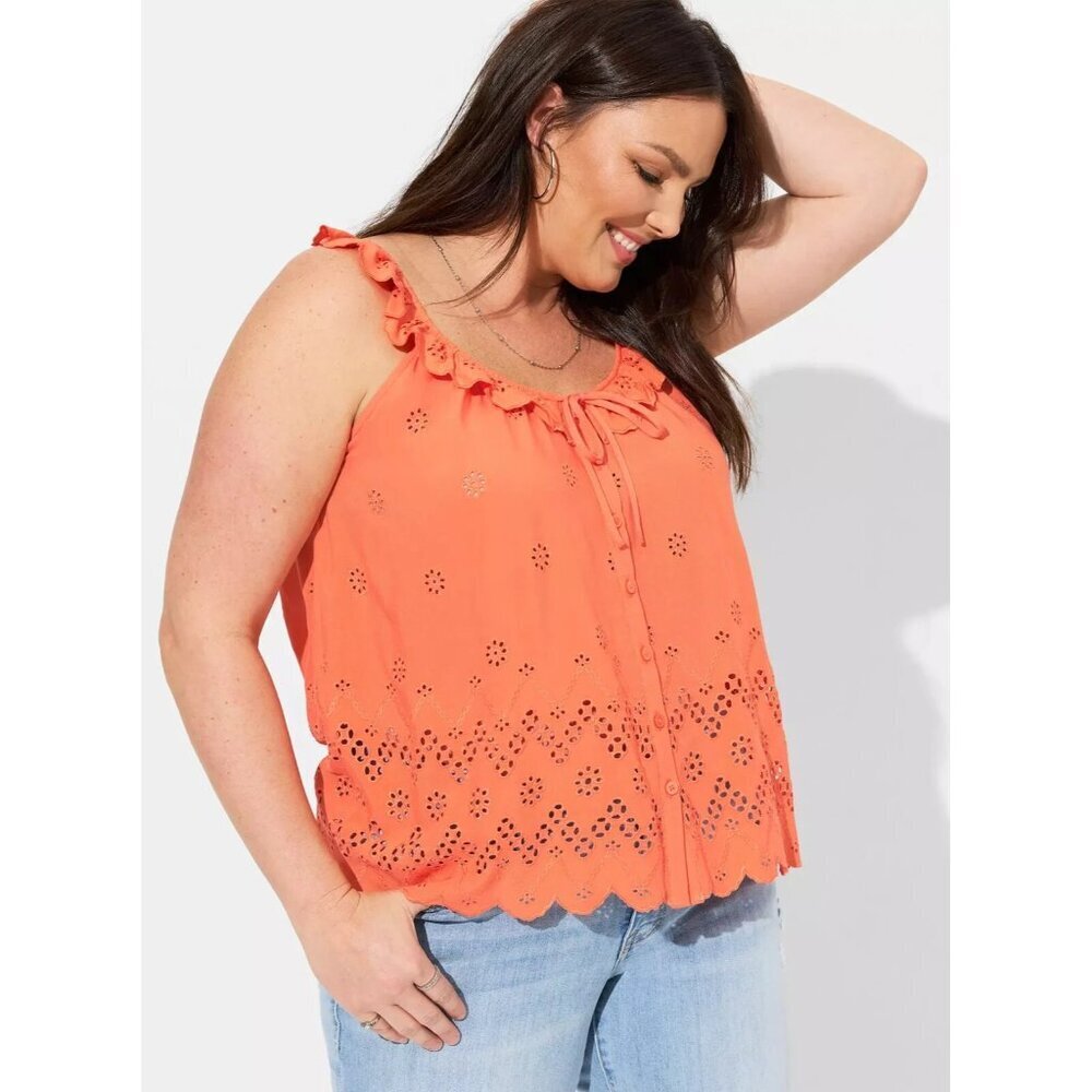 Torrid‎ Eyelet Ruffle Tie Front Tank Top Orange asturtium Front Tie Size 1 (1X)